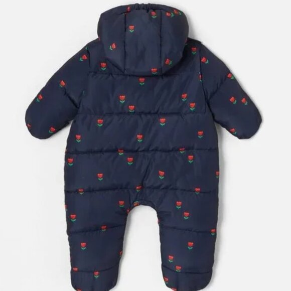 Jacadi Baby pilot snowsuit Puffer Onesie- Navy & red tulips- NWOT - 3M - Picture 2 of 5